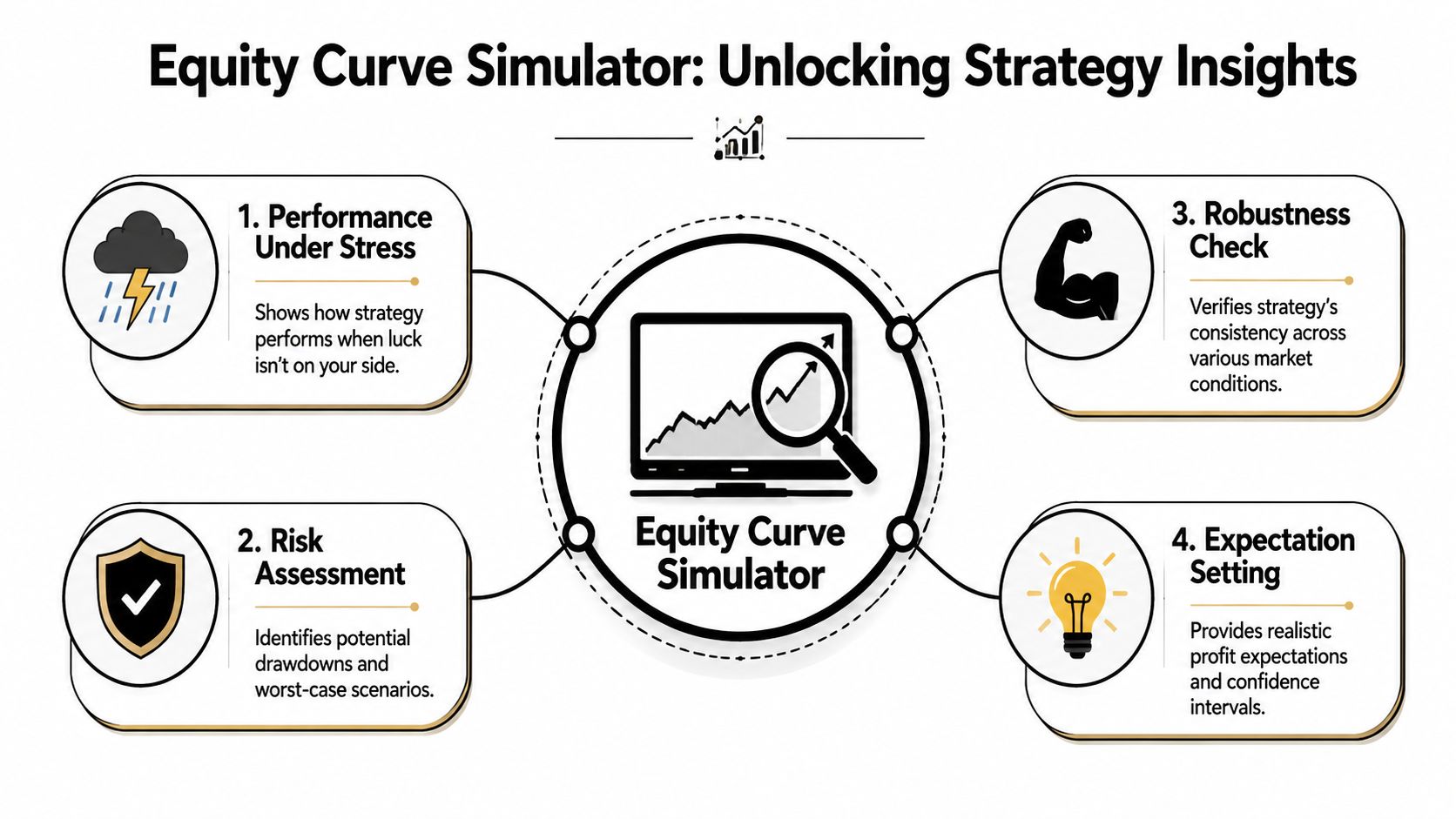A diagram illustrating the benefits of an equity curve simulator for analyzing trading strategy performance and risk.