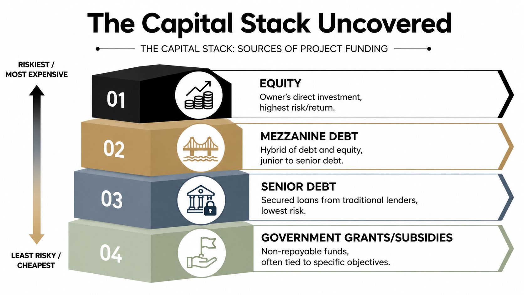 A diagram illustrating the four levels of the capital stack for funding projects, from equity to subsidies.