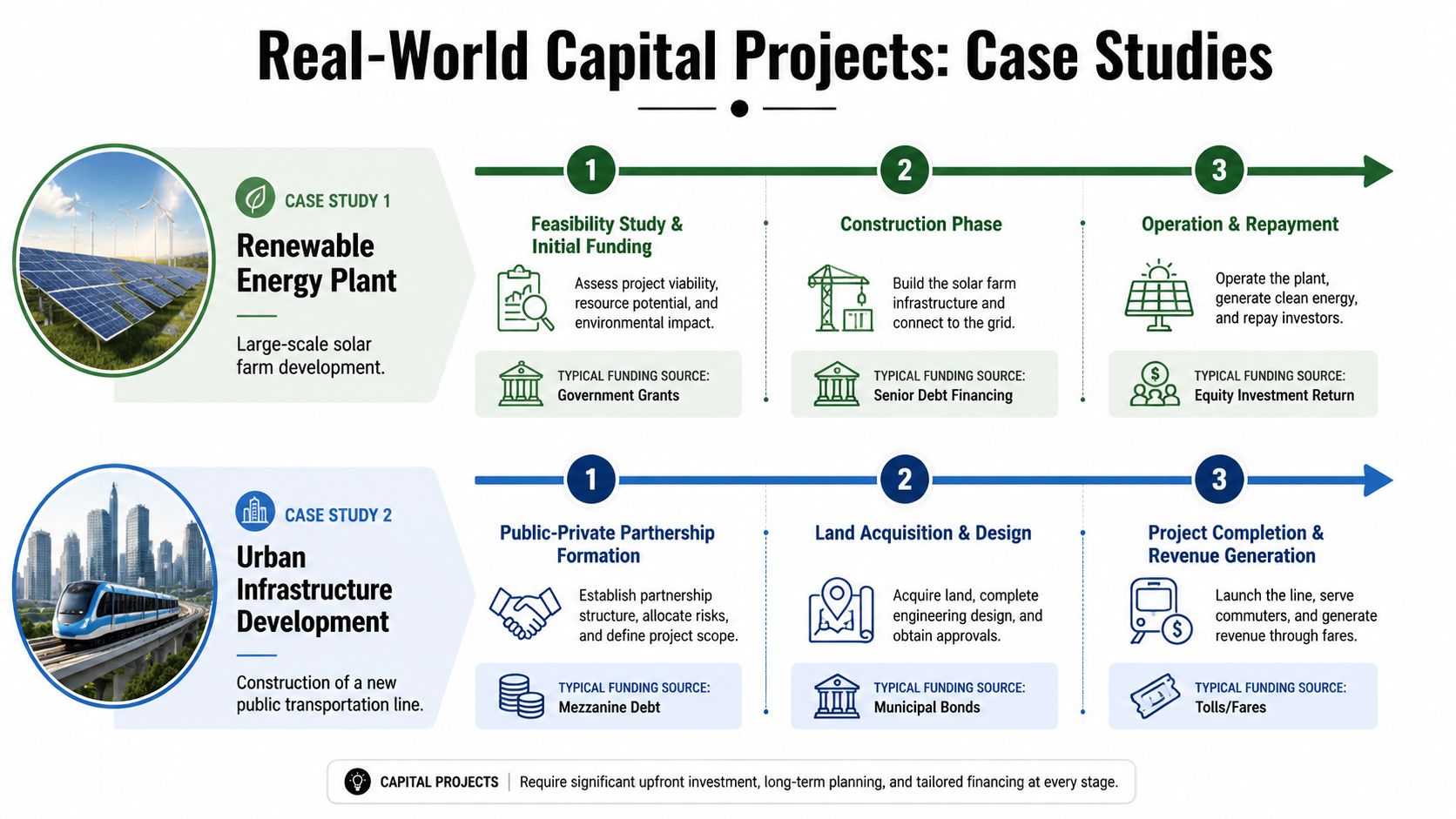 A detailed infographic explaining the lifecycle stages and funding sources for renewable energy and urban infrastructure projects.