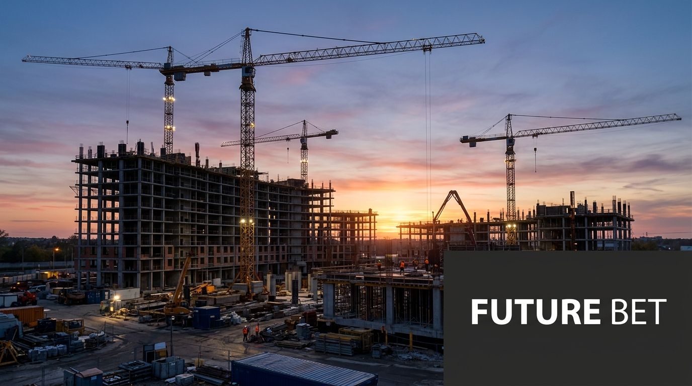 A large construction site featuring multiple cranes at sunrise, highlighting the progress of urban building developments.