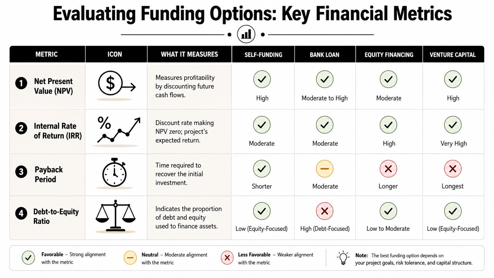 A comparison table for evaluating funding options using key financial metrics like NPV, IRR, payback period, and debt-to-equity ratio.