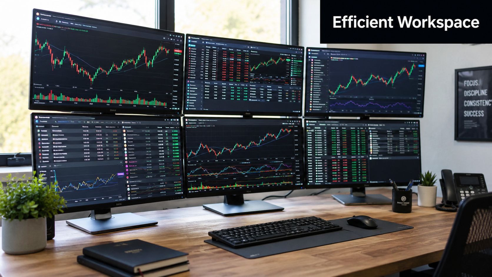 A professional trading desk setup with multiple monitors displaying complex stock market charts and financial data analytics.
