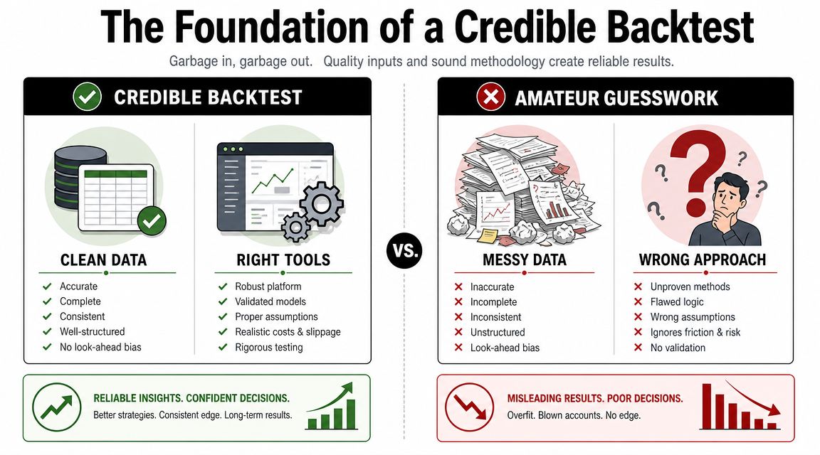A comparison chart showing the components of a credible backtest versus amateur guesswork for financial trading strategies.