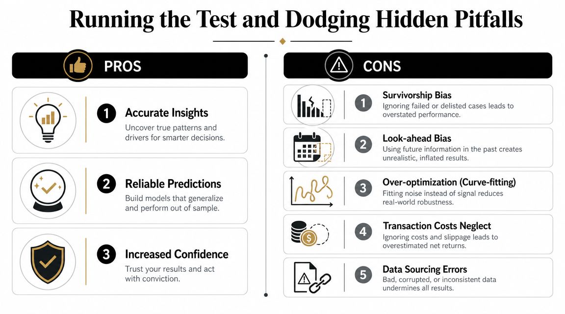 An infographic comparing the pros and cons of backtesting trading strategies, highlighting key benefits and potential pitfalls.