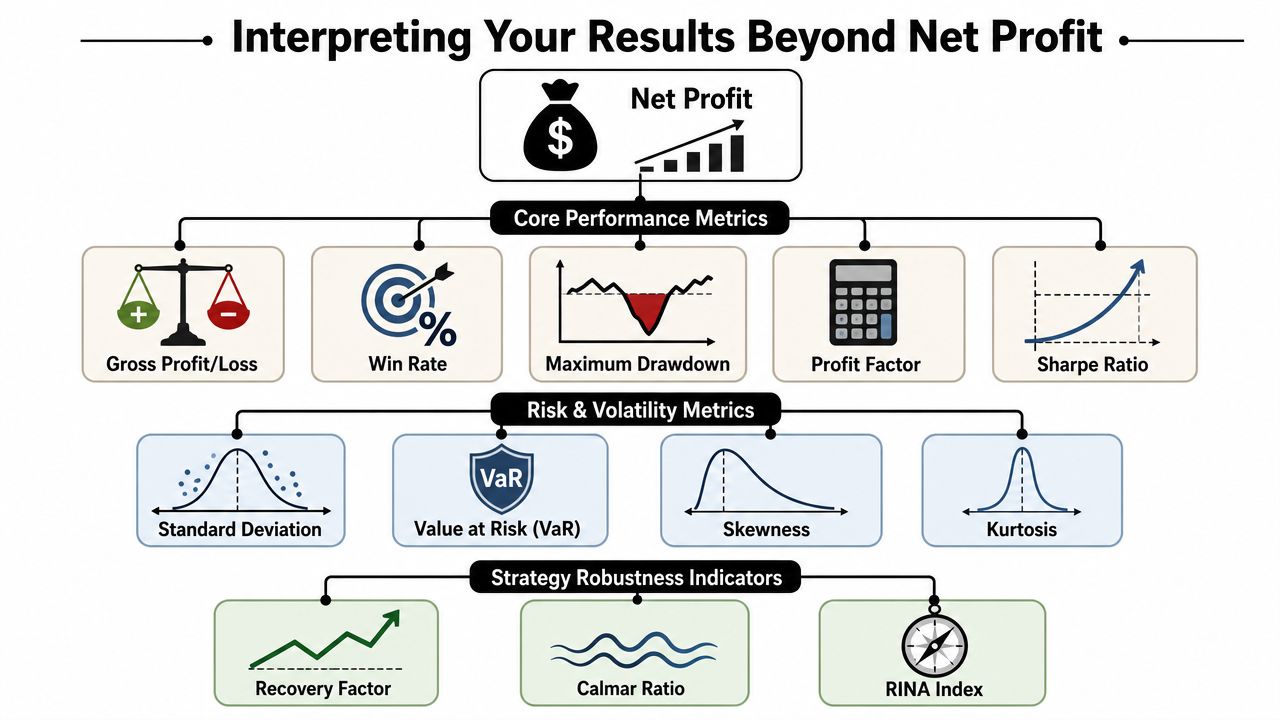 A diagram illustrating essential financial performance metrics for interpreting trading strategy results beyond just net profit.