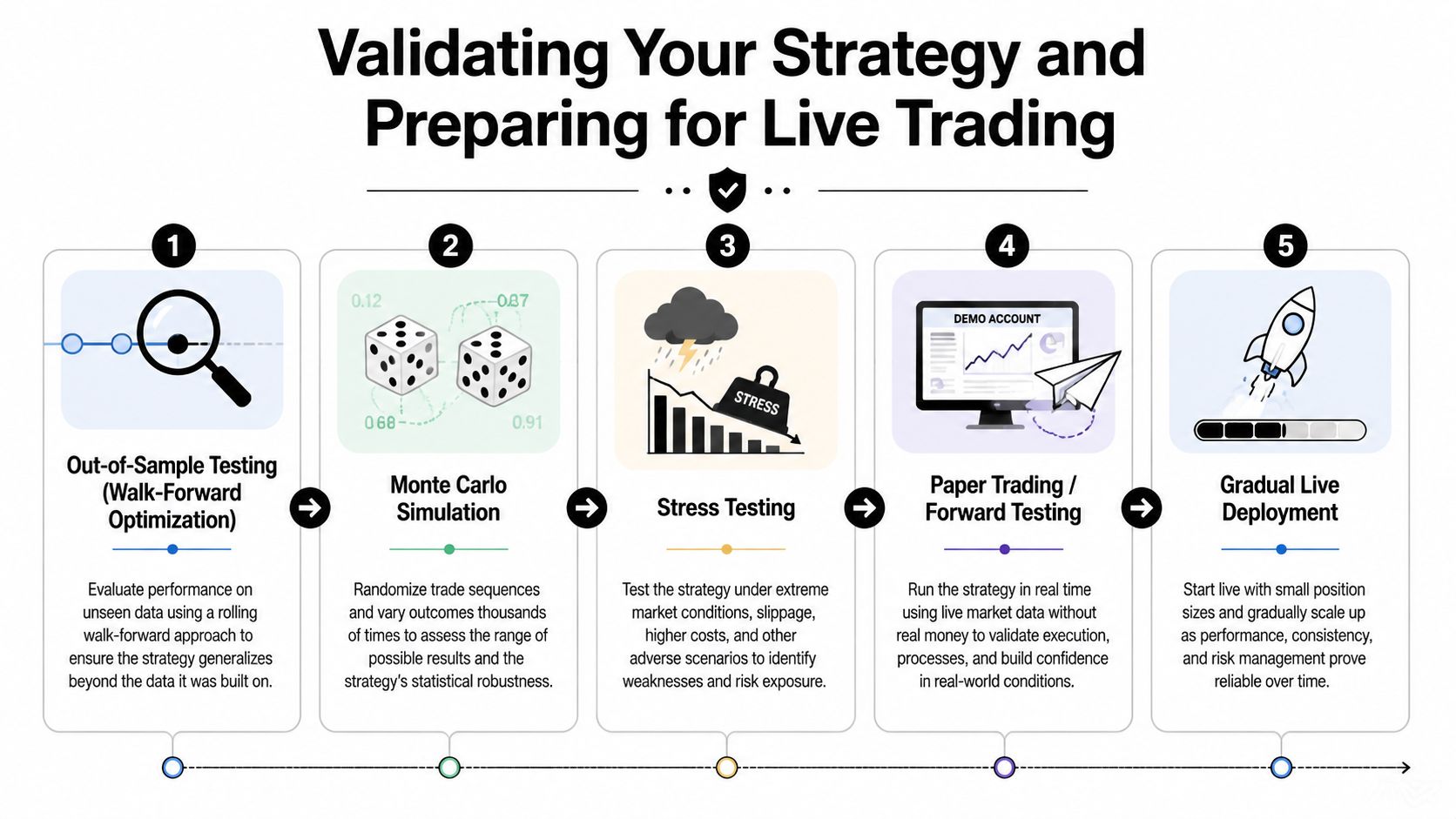 A five-step guide on how to validate and prepare trading strategies for live market deployment.