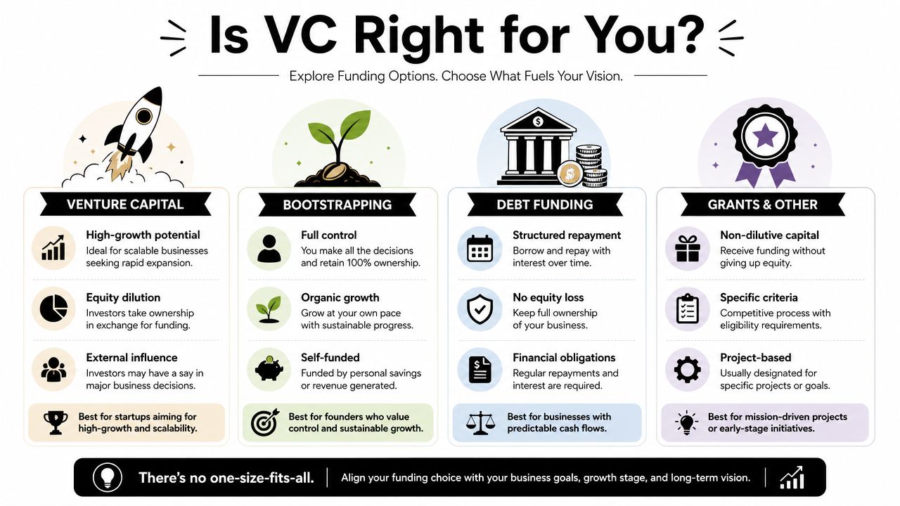 A comparison chart outlining four business funding options: Venture Capital, Bootstrapping, Debt Funding, and Grants and Other.