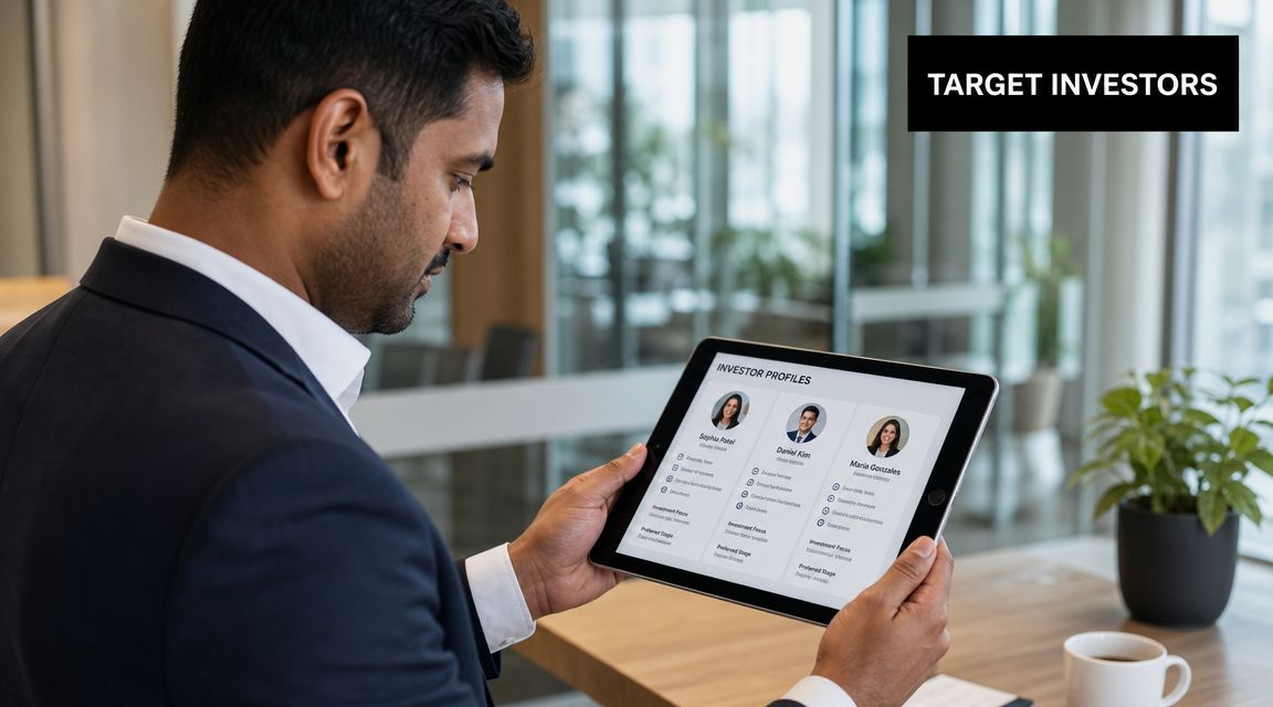 A professional man holding a digital tablet displaying investor profiles while working in a bright modern office.
