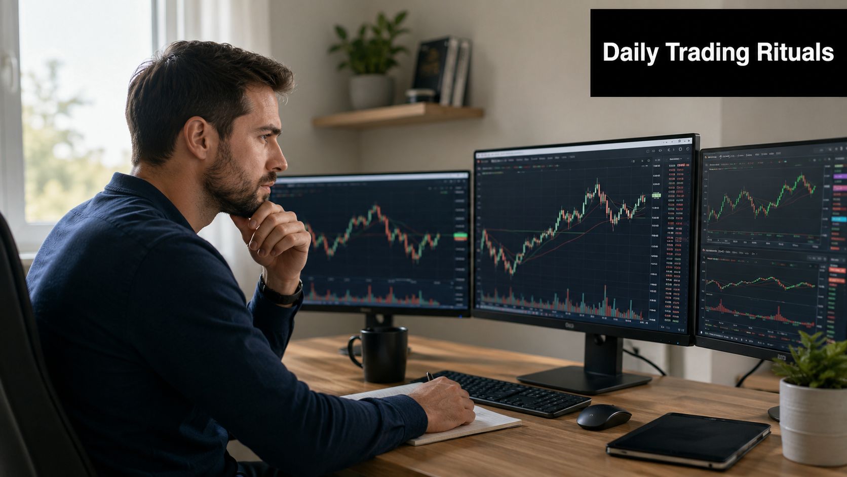 A focused man sitting at a desk with multiple monitors analyzing stock market data charts