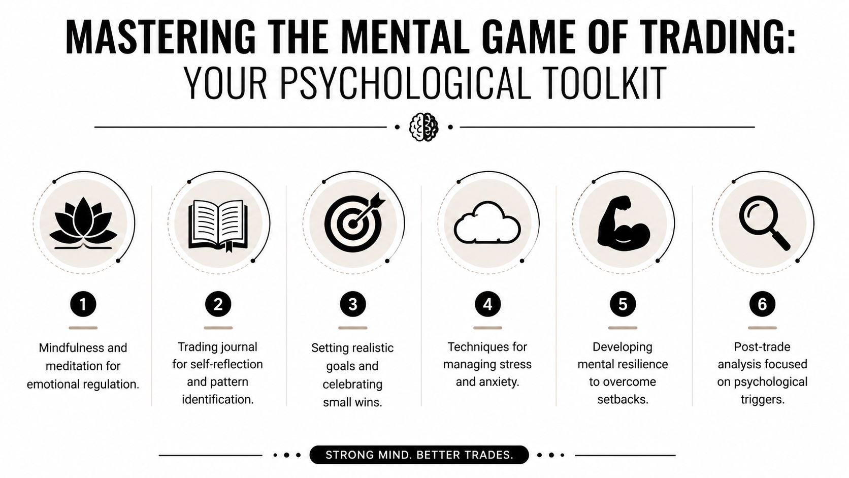 A six-step infographic on mastering the mental game of trading with psychological tools for traders.