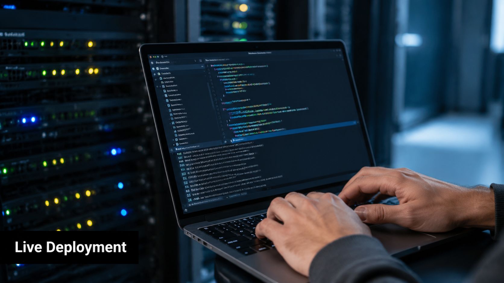 A technician using a laptop to monitor code and server logs in a high-tech data center.