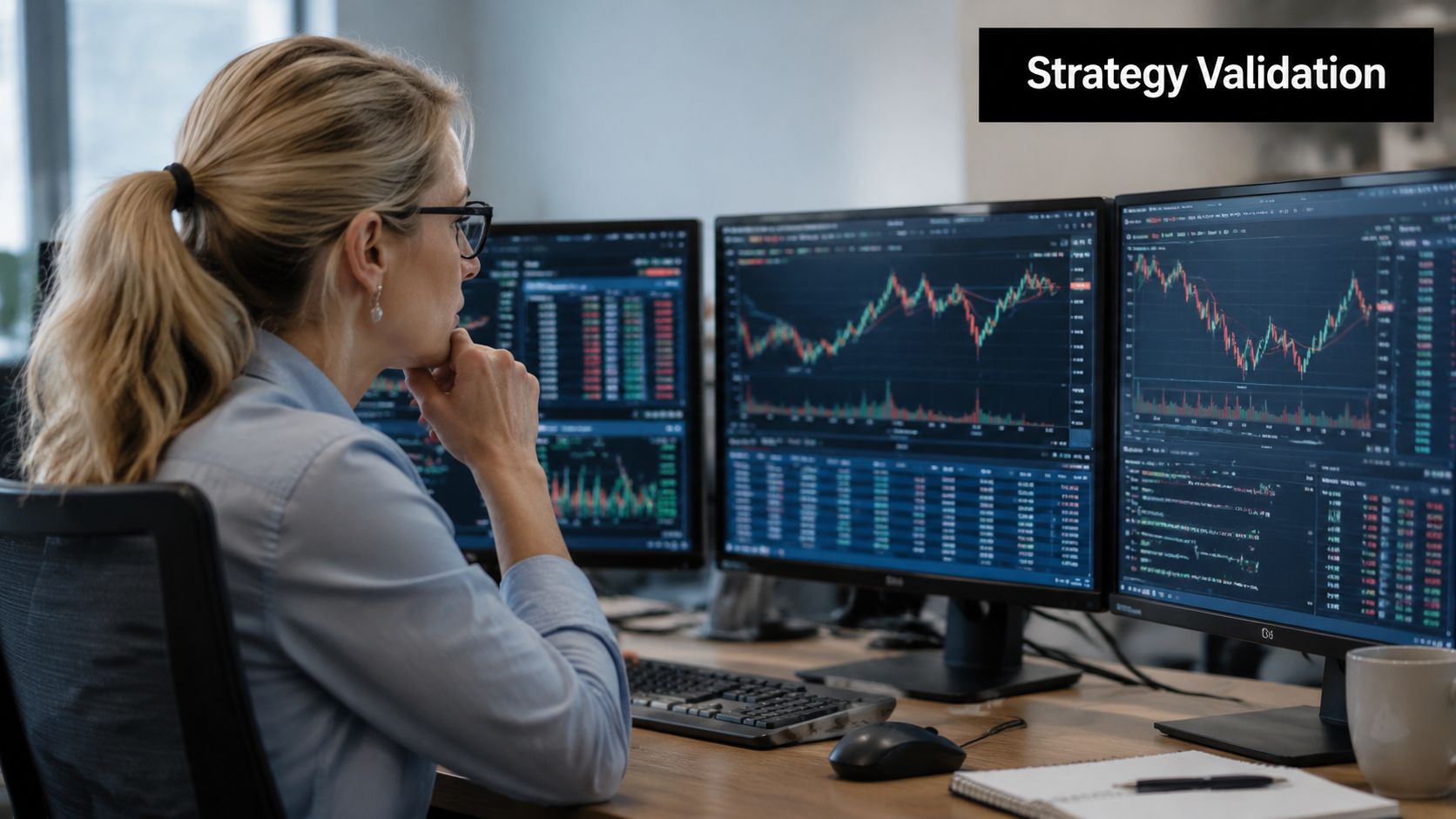 A professional trader analyzes financial market data and stock charts on multiple monitors in a modern office.