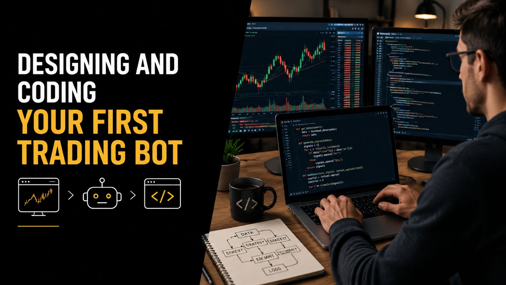 A professional developer coding an algorithmic trading bot on multiple computer monitors in a dark workspace.