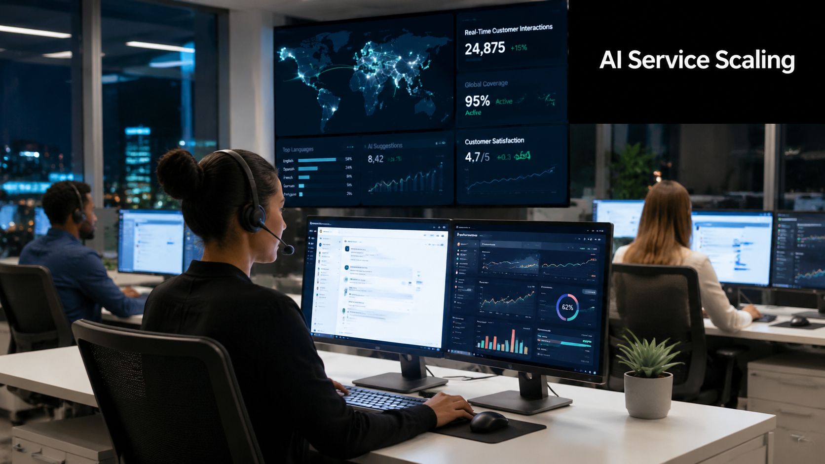 Customer service agents working in a modern office with digital dashboards displaying global data and statistics.