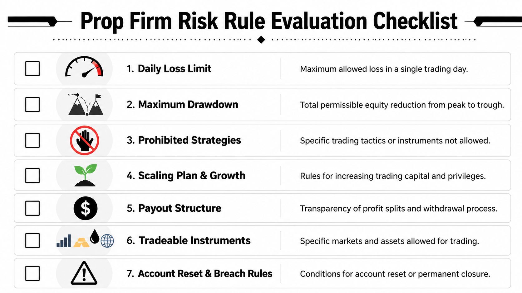 A checklist for evaluating prop firm risk rules, featuring seven key categories including drawdown and payout structure.