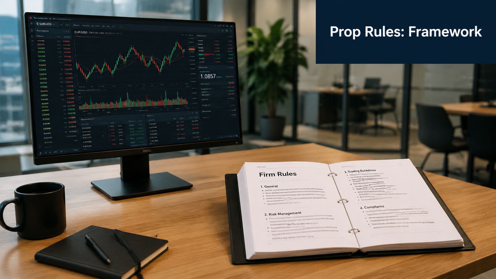 An office desk with a computer monitor showing financial trading charts next to a binder labeled firm rules.