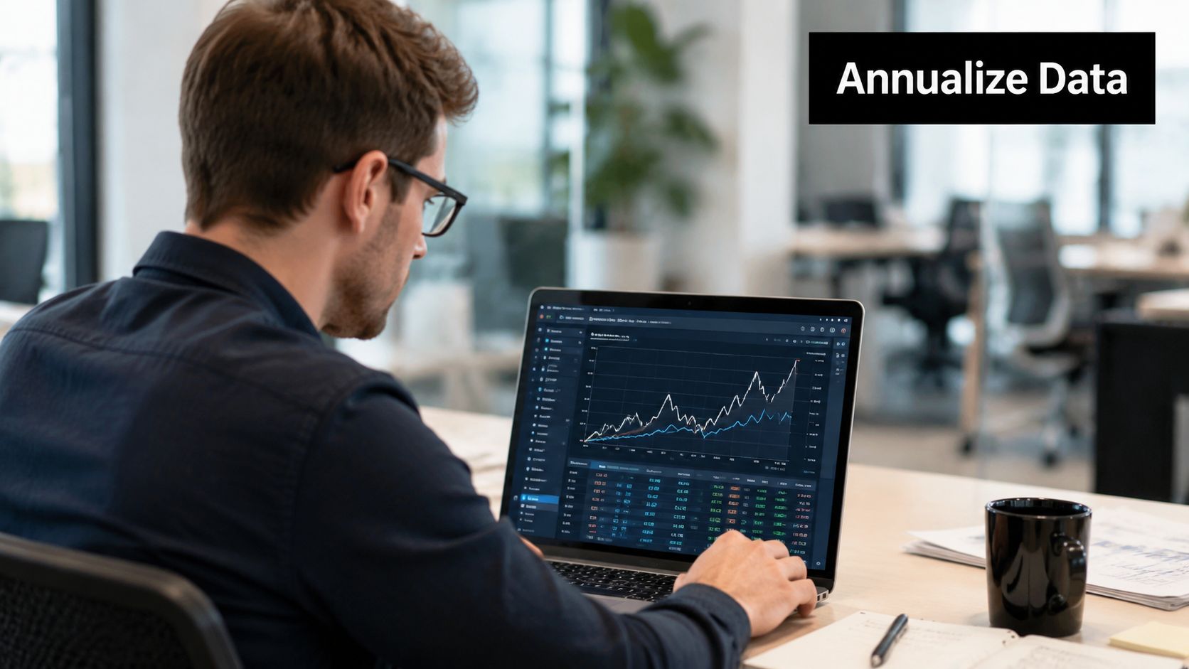 A professional analyzing financial data and stock market charts on his laptop in a modern office.