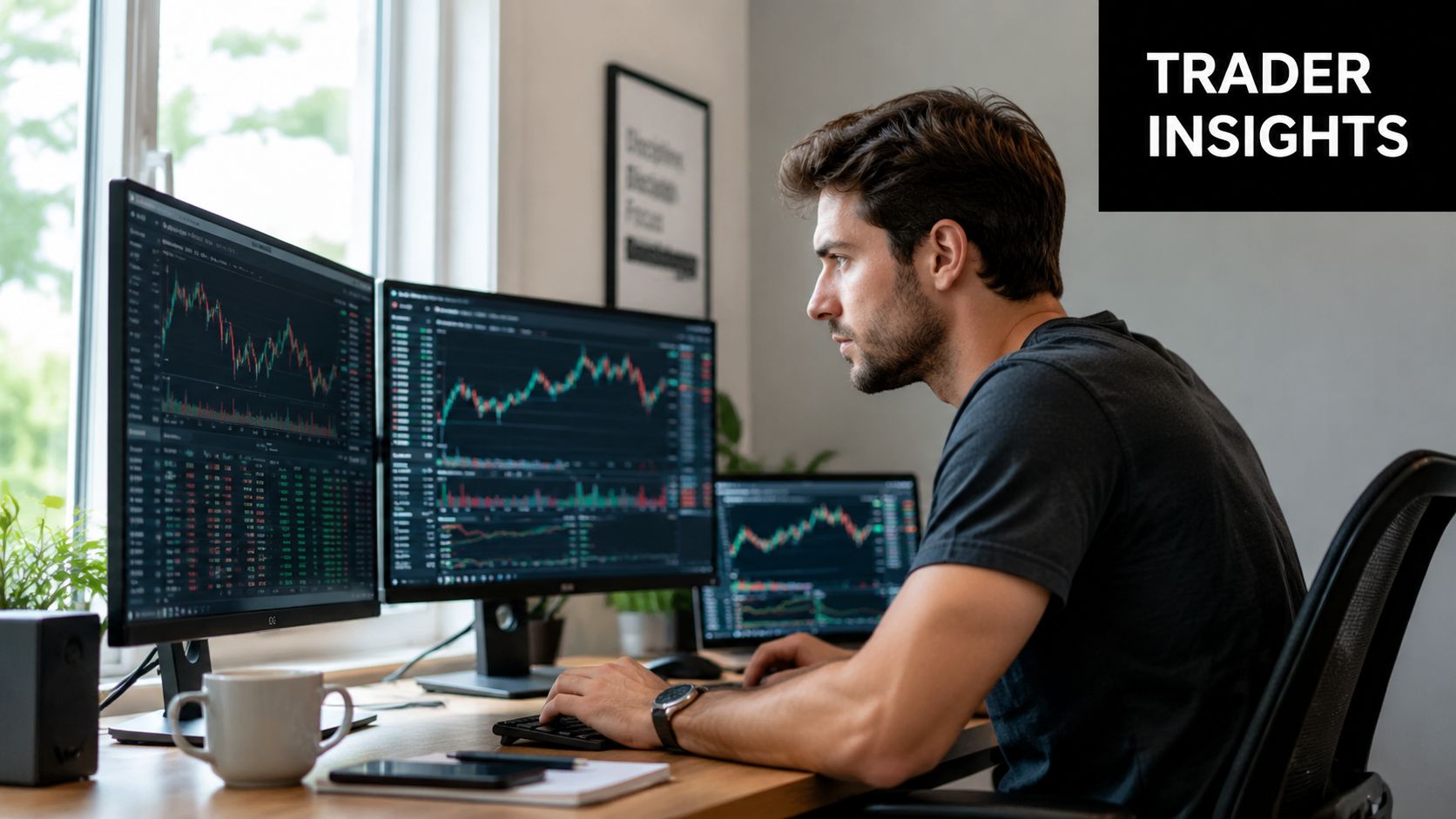 A focused trader analyzing complex financial market data on multiple computer screens in a home office.