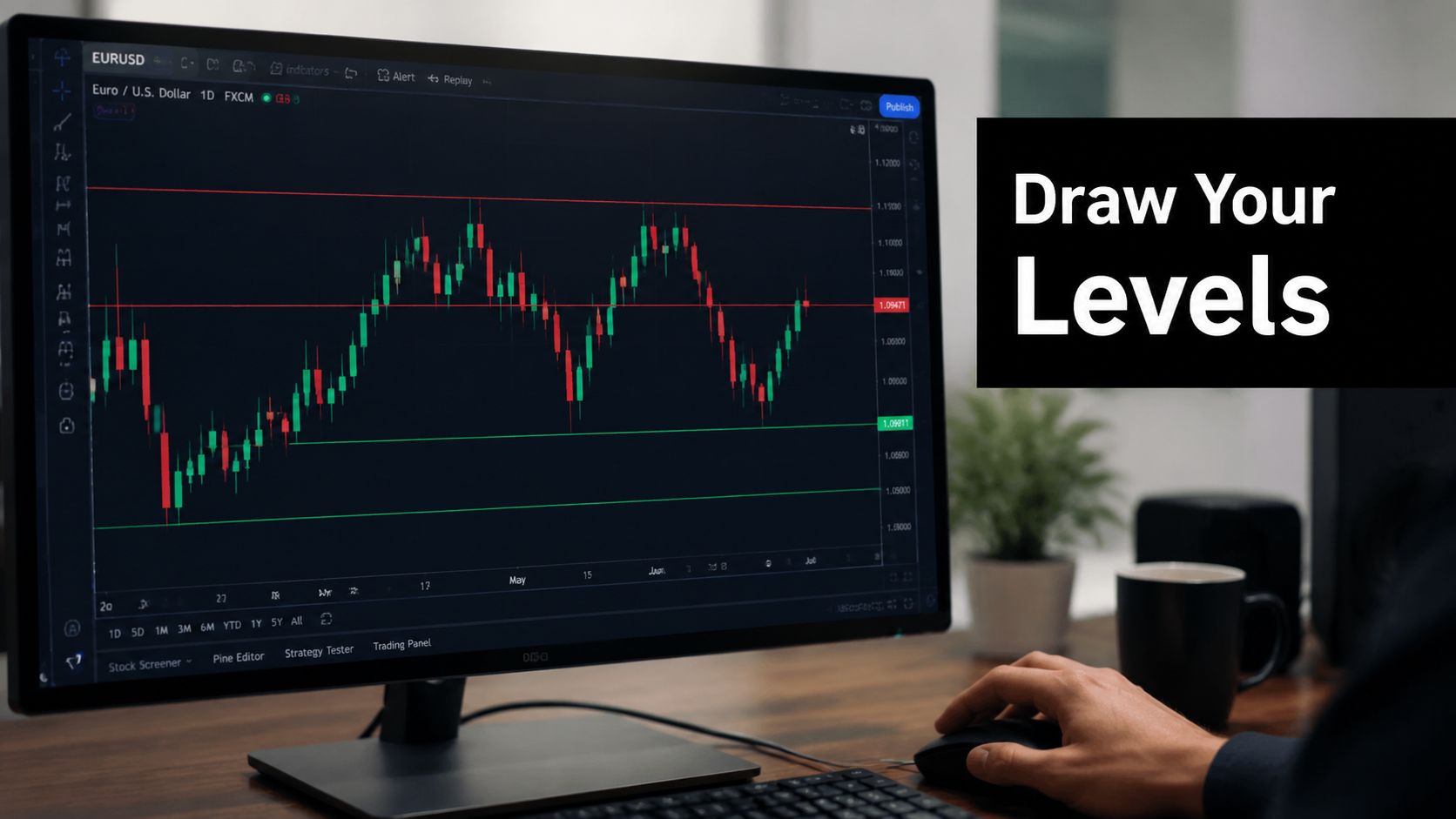 A person using a computer monitor displaying a stock market chart with horizontal support and resistance lines.