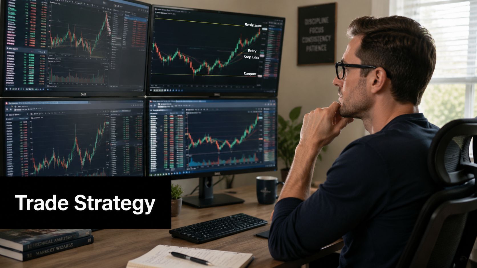 A focused trader analyzing stock market charts on multiple computer monitors in a home office.