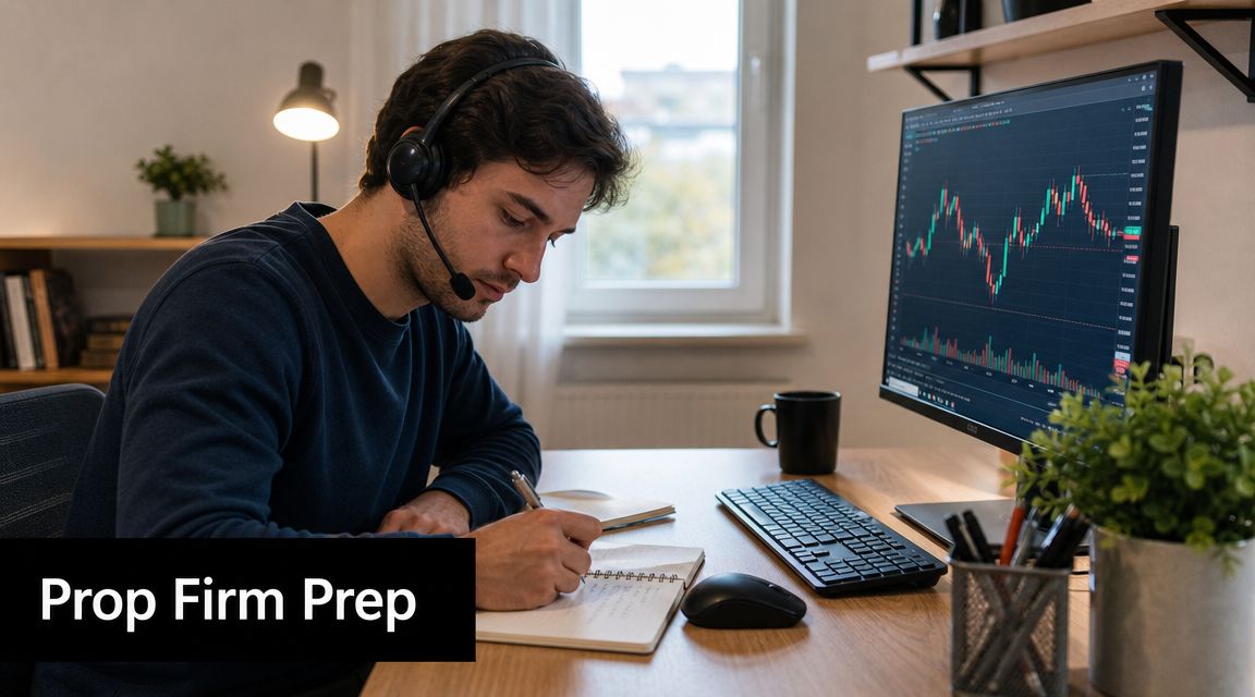 A young man with a headset writing in a notebook while analyzing financial trading charts on monitor.
