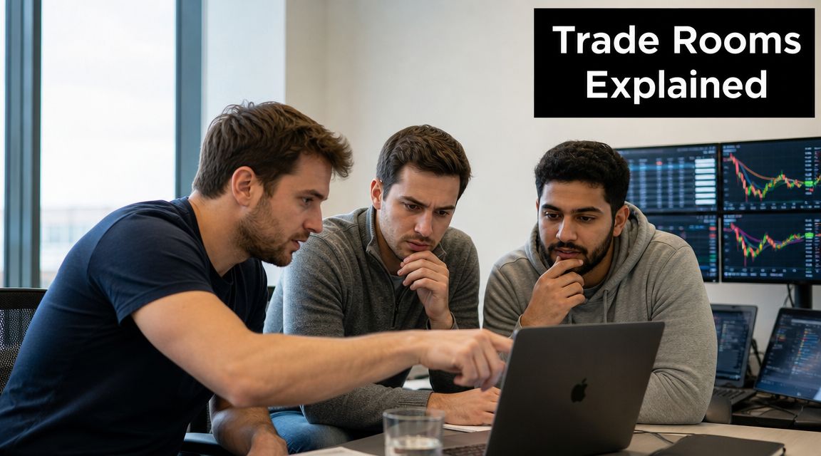 Three men collaborating while looking at trading charts on a laptop and computer screens in an office.