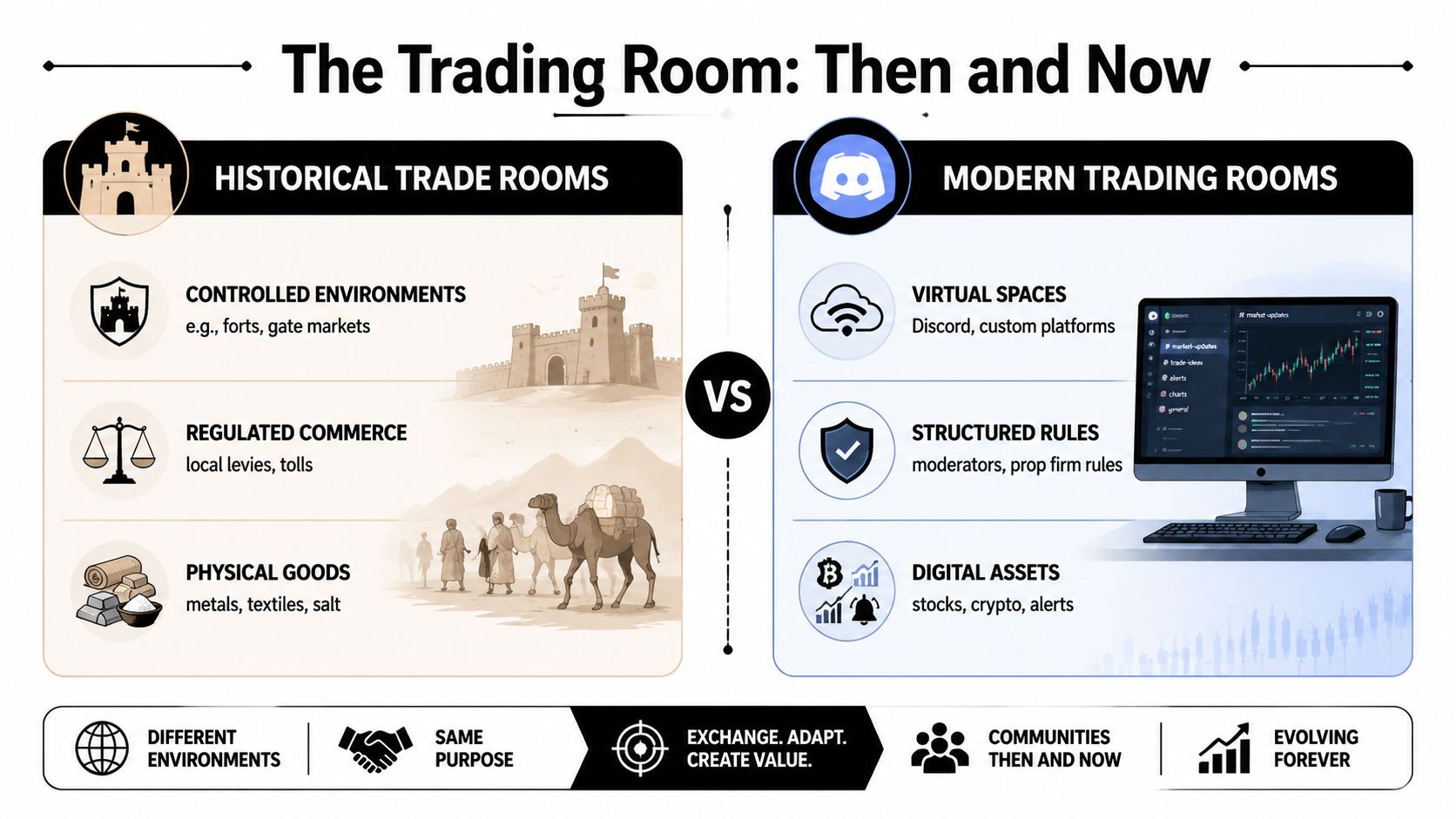 An infographic comparing historical, physical trading marketplaces with modern, digital virtual trading rooms and online platforms.