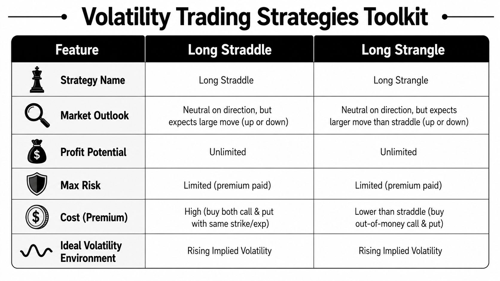 A comparison table for volatility trading strategies detailing features of long straddle and long strangle options.