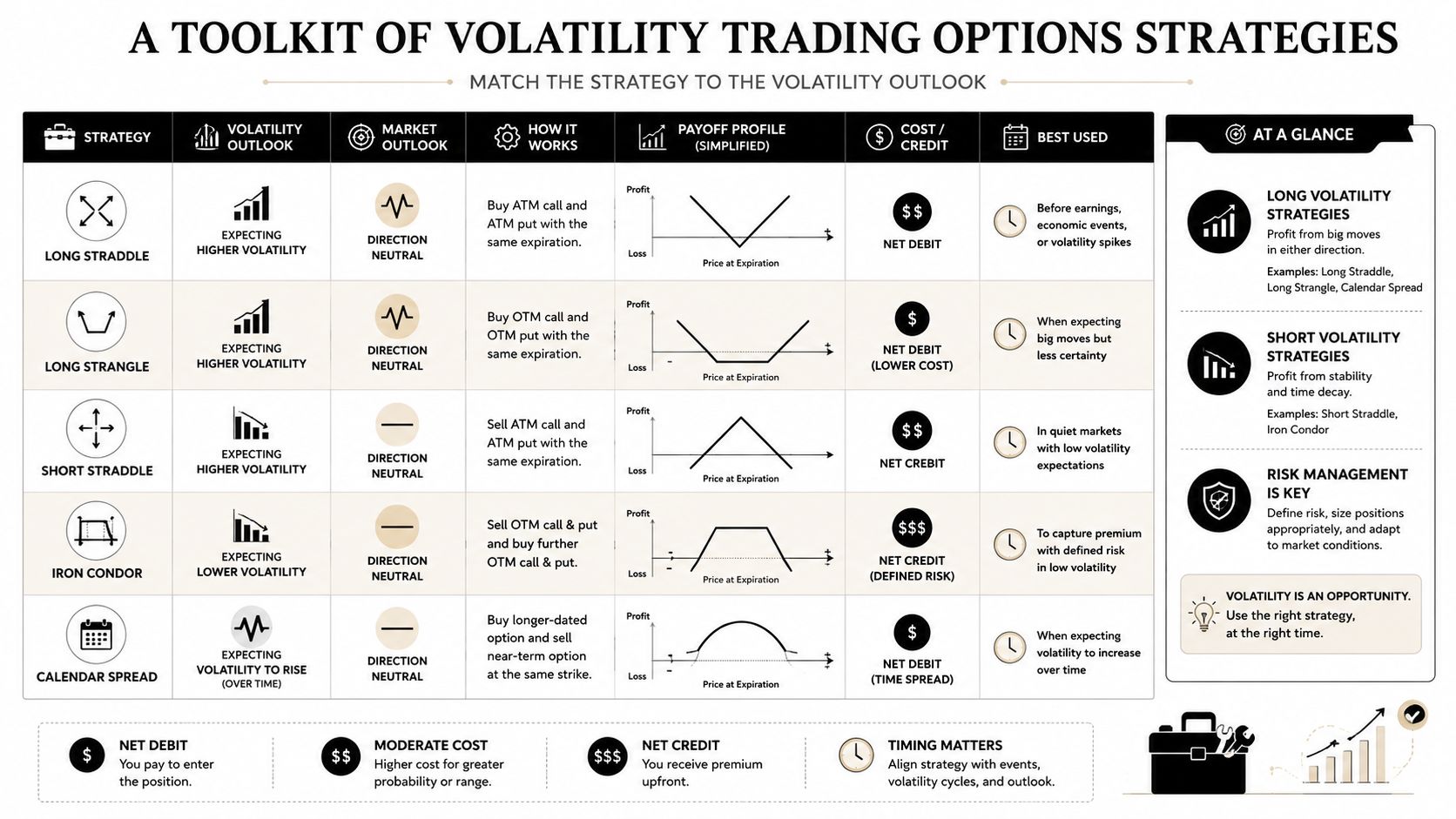 A chart comparing various volatility trading options strategies, showing their market outlook, payoff profiles, and best use cases.