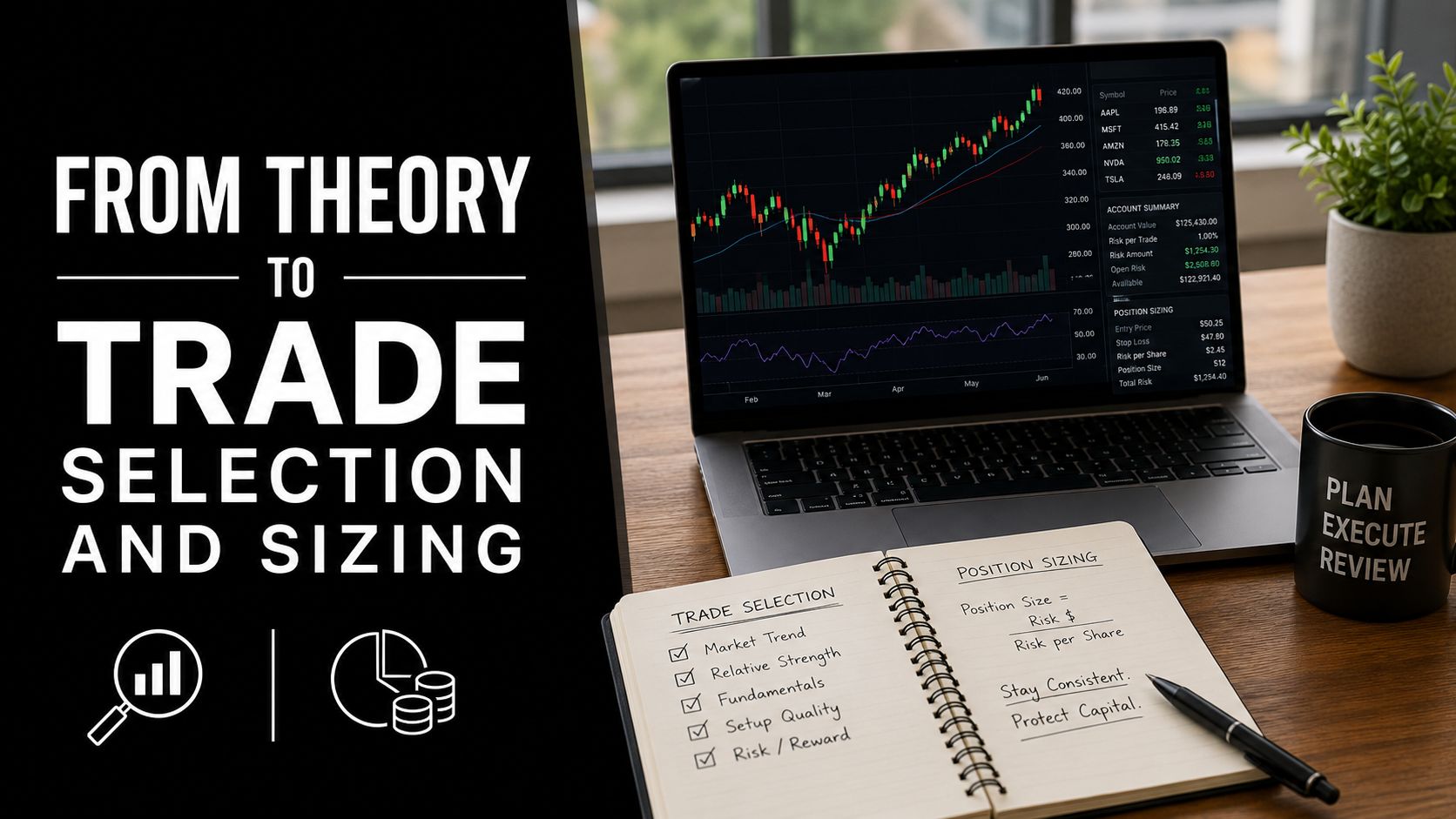 A professional desk setup featuring a laptop with financial charts and a notebook detailing trading strategies.