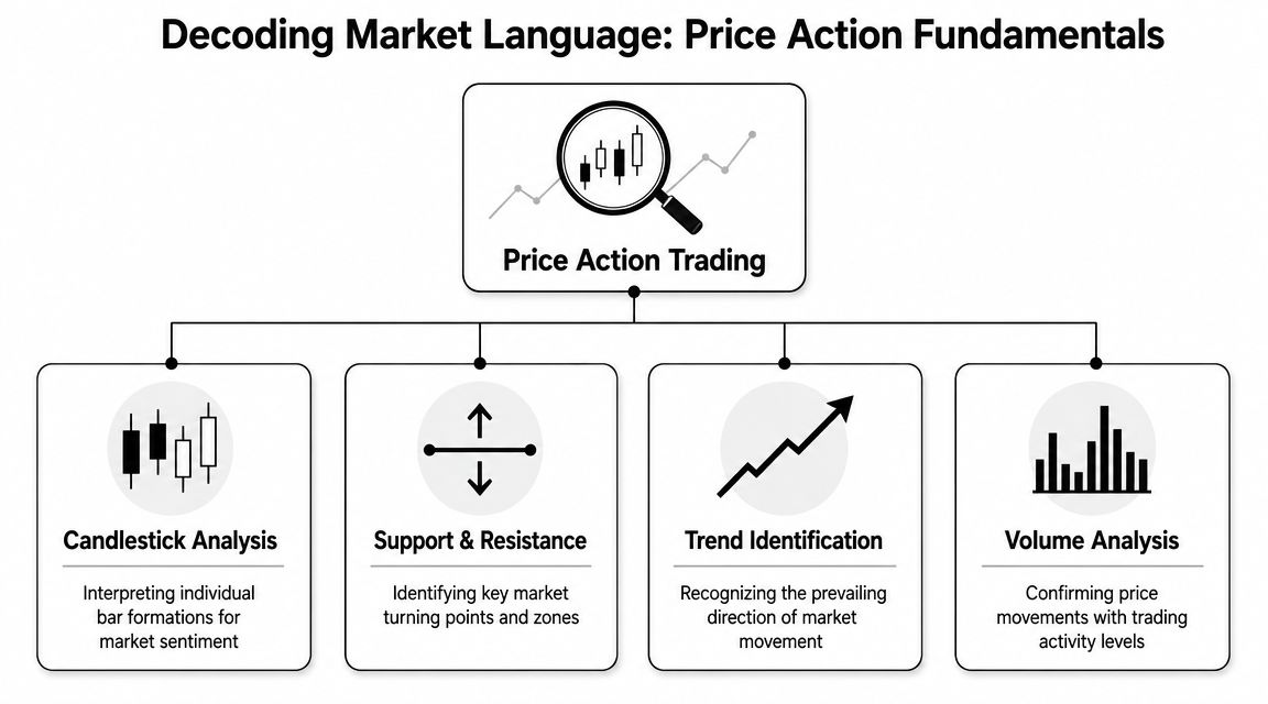 A diagram outlining the fundamental concepts of price action trading including candlestick, support, resistance, trend, and volume.