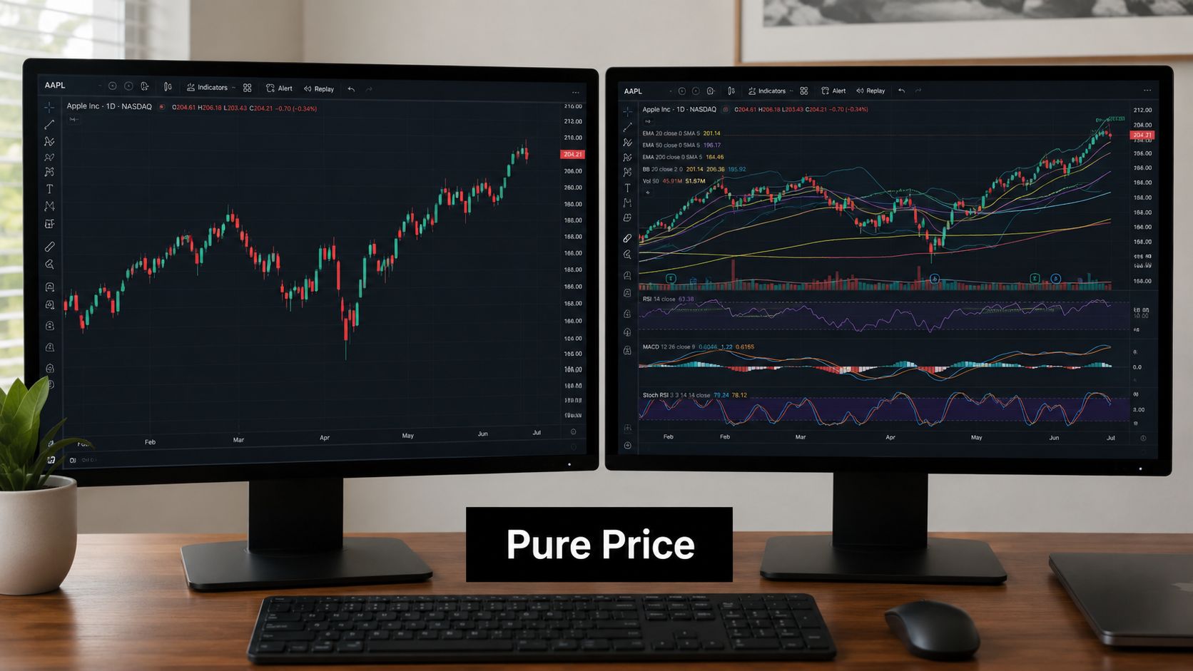 Dual computer monitors on a wooden desk displaying AAPL stock charts with technical analysis indicators.
