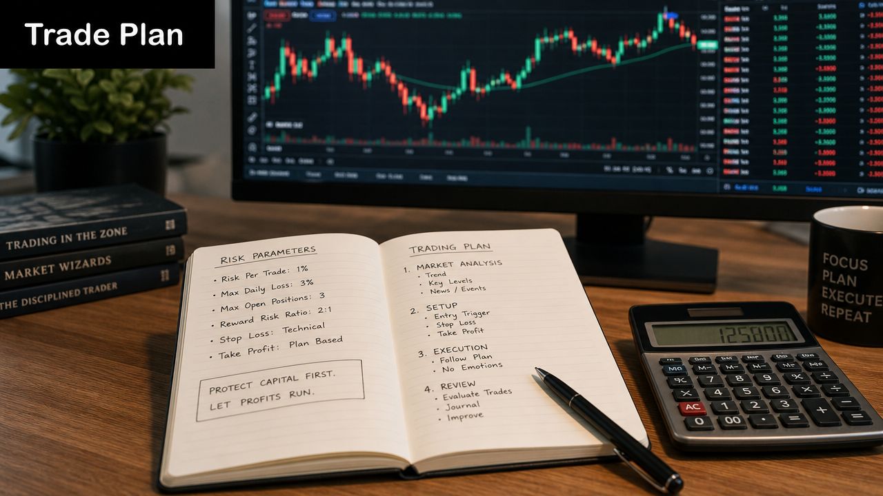 A trading plan notebook featuring risk management parameters and strategies on a desk with a monitor.