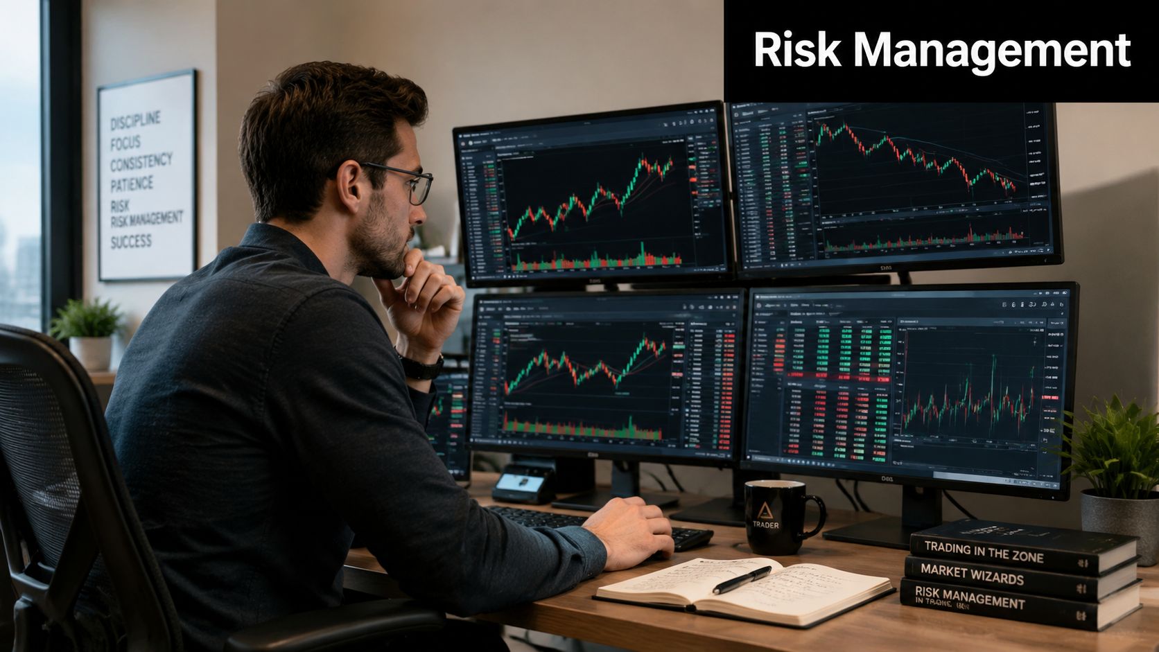 A professional trader sitting at a desk with multiple monitors analyzing complex financial stock market charts.