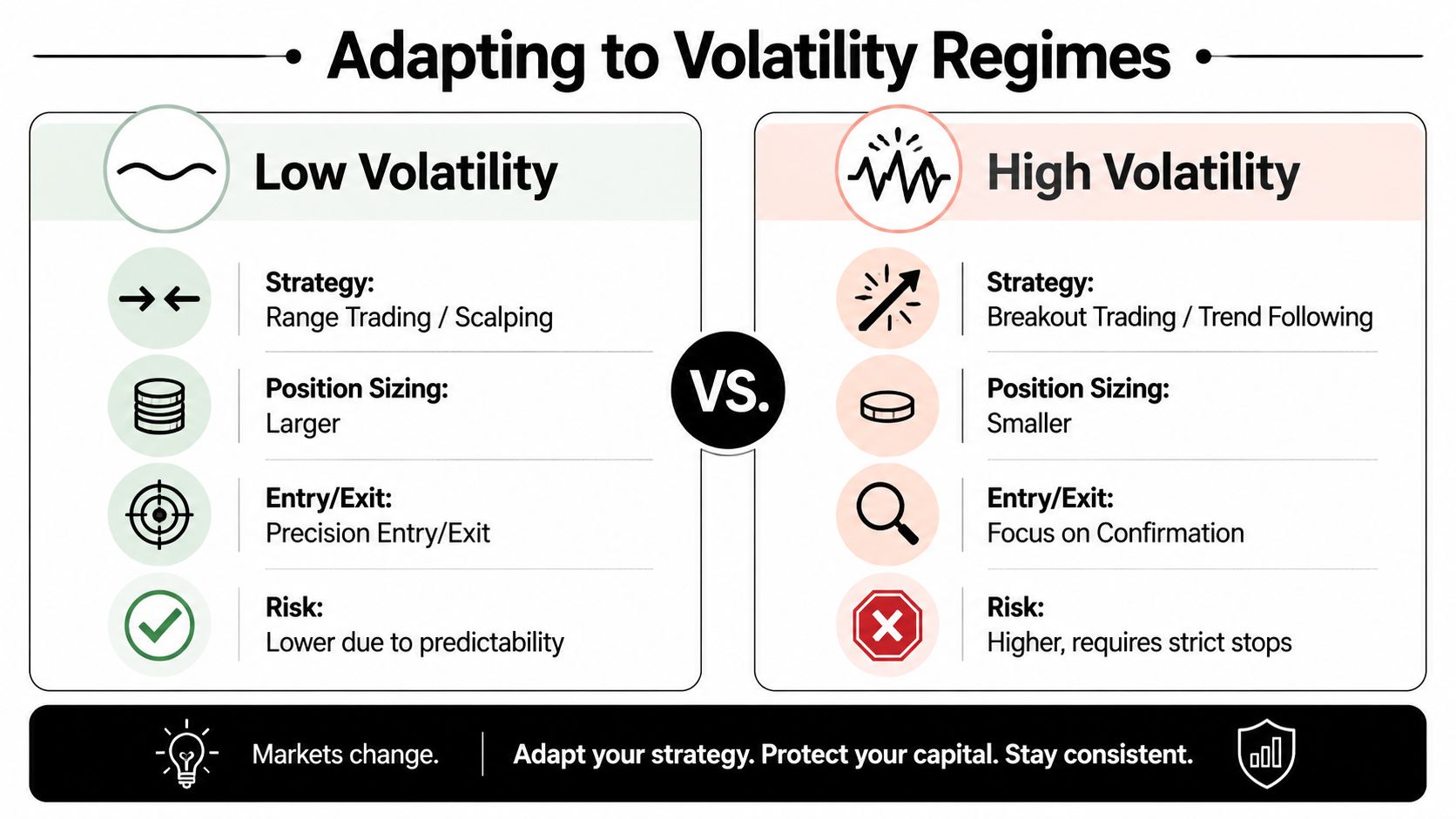 A comparison chart showing trading strategies and risk management techniques for low volatility versus high volatility market conditions.