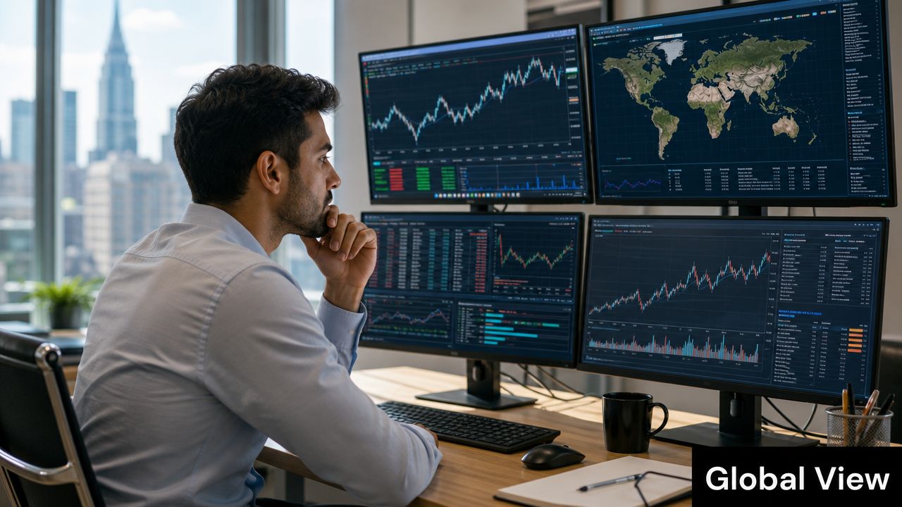 A professional financial trader analyzing live market trends on multiple computer monitors in an office setting.