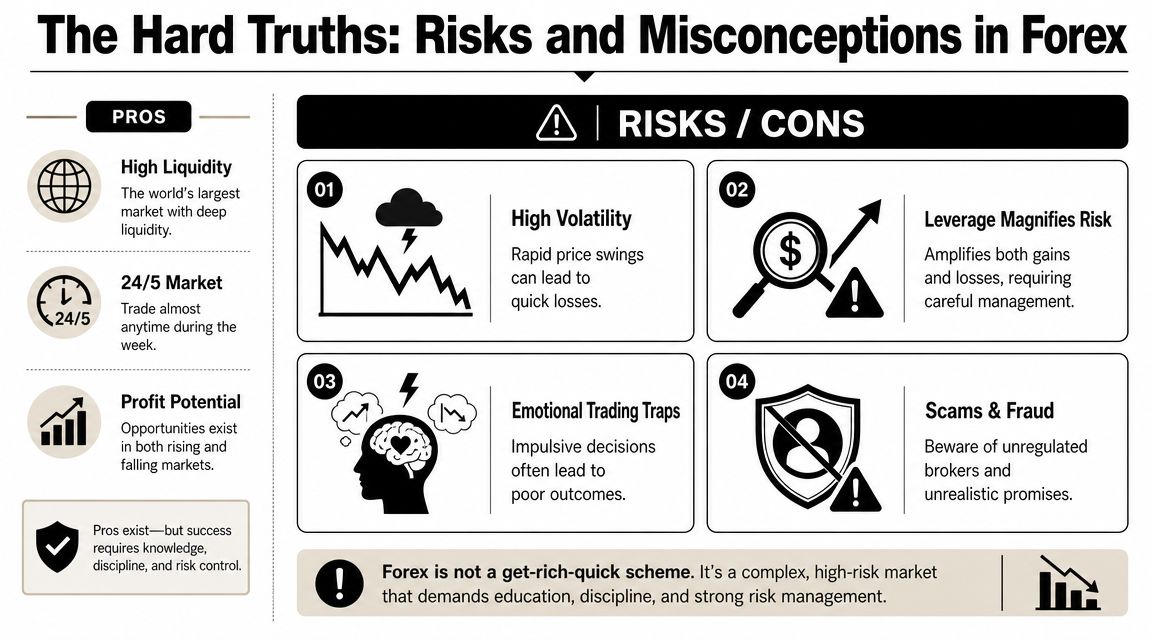 An infographic titled The Hard Truths of Forex detailing the pros and risks of trading currency markets.