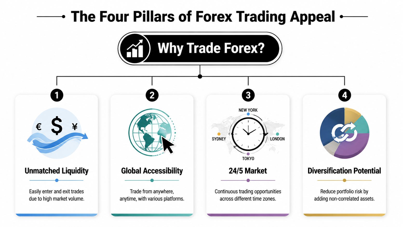 An infographic titled The Four Pillars of Forex Trading Appeal listing Liquidity, Accessibility, 24/5 Market, and Diversification.