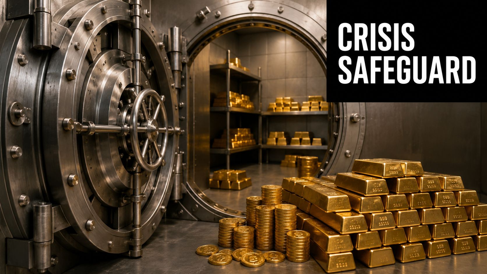 A large vault door opening to reveal shelves of gold bars next to stacks of gold coins.