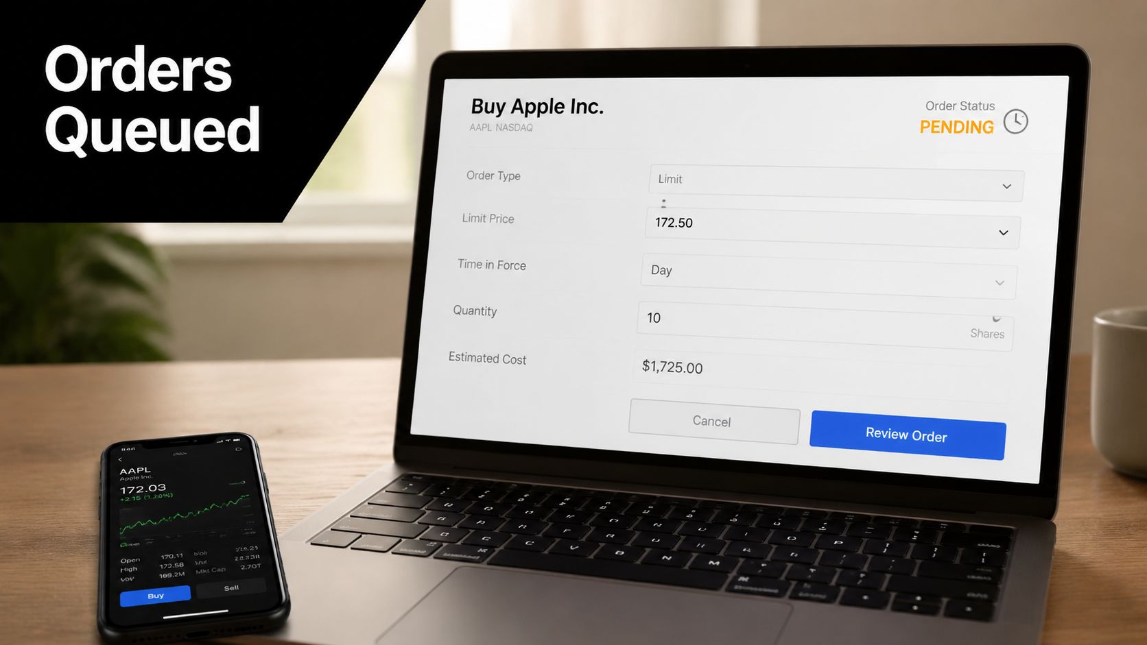 A laptop screen displaying a pending buy order for Apple stock next to a smartphone showing market data.