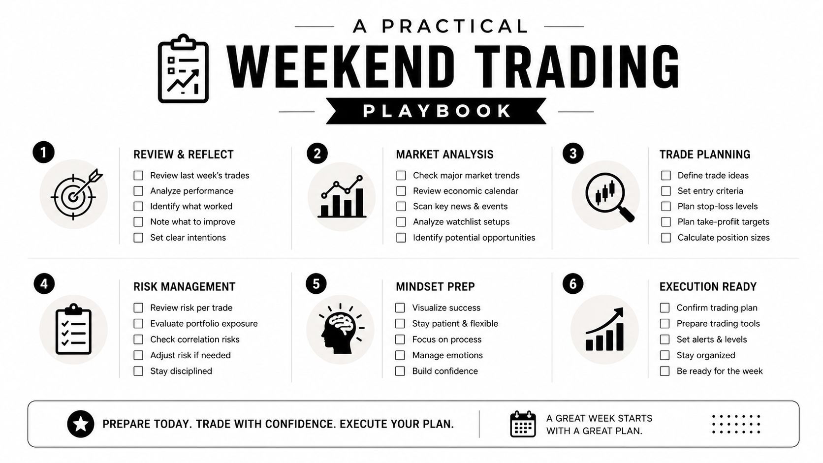 A structured six-step weekend trading playbook checklist to help traders prepare and plan for the week ahead.