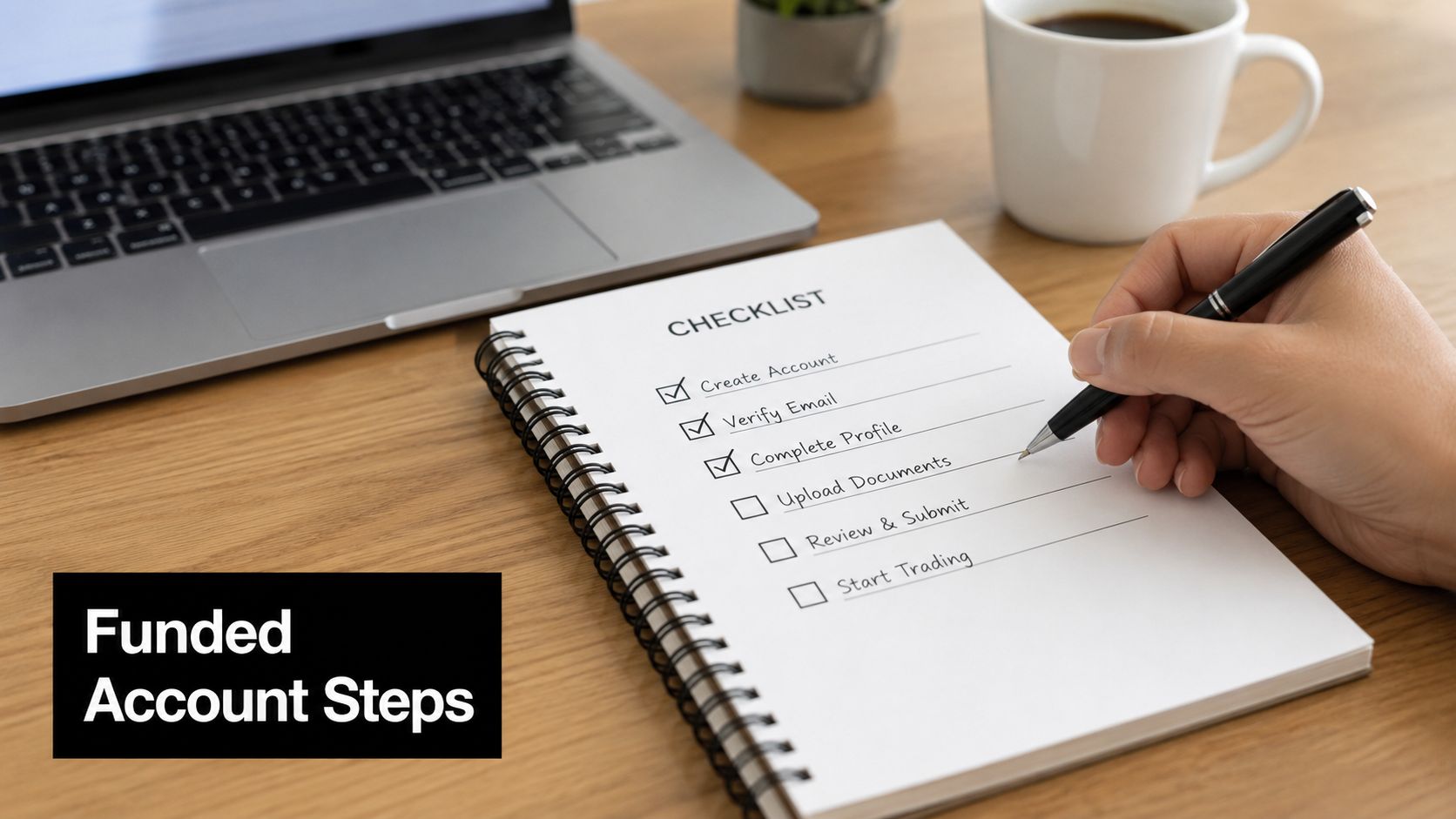 A hand holds a pen over a checklist notebook showing steps to obtain a funded account.