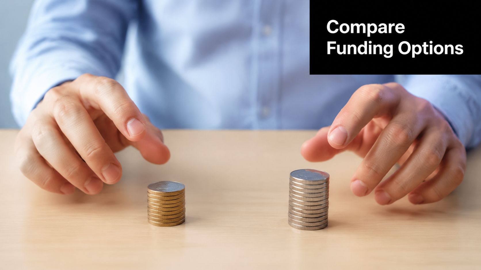 A person in a blue shirt comparing two different stacks of coins on a wooden desk.