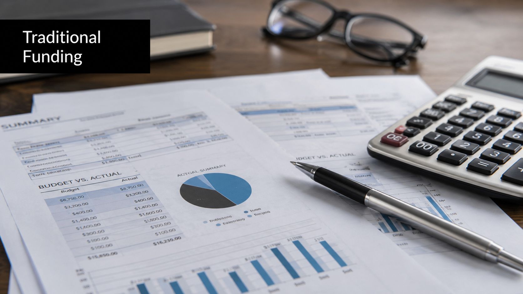 A document displaying traditional funding budget versus actual financial data on a desk with a calculator.