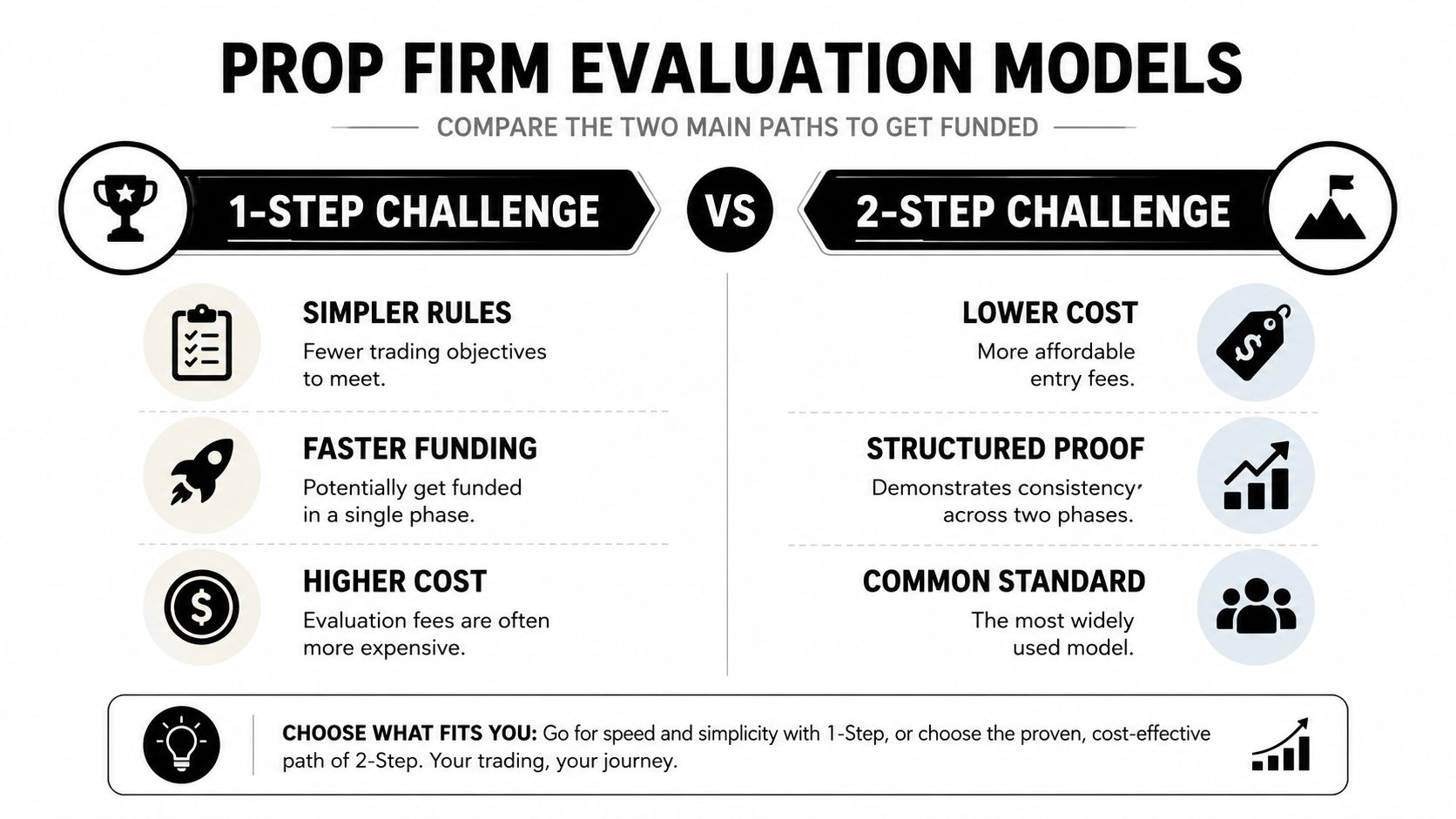A comparison infographic between 1-step and 2-step prop firm evaluation models for traders seeking funded accounts.