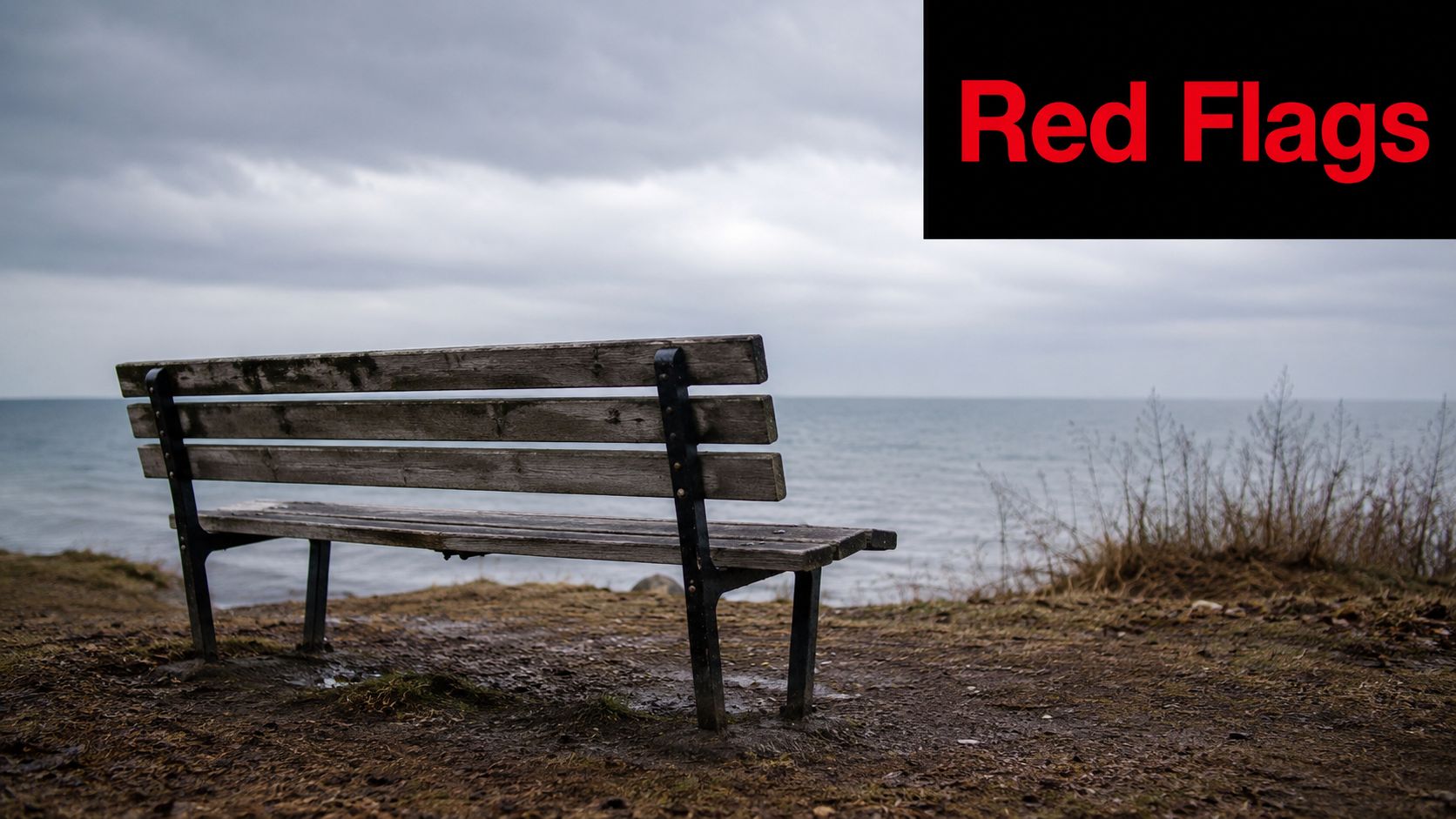 A wooden bench overlooking a calm sea on a cloudy day with the text Red Flags included.