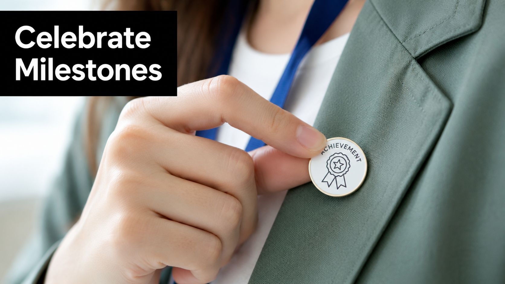 A professional employee wearing a green blazer pinning an achievement badge to their clothing during work.