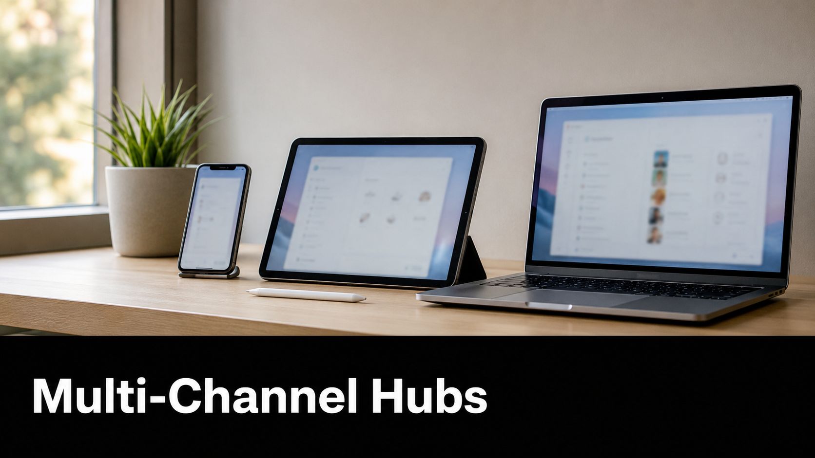 A smartphone, tablet, and laptop arranged neatly on a desk, representing modern multi-channel communication tools.