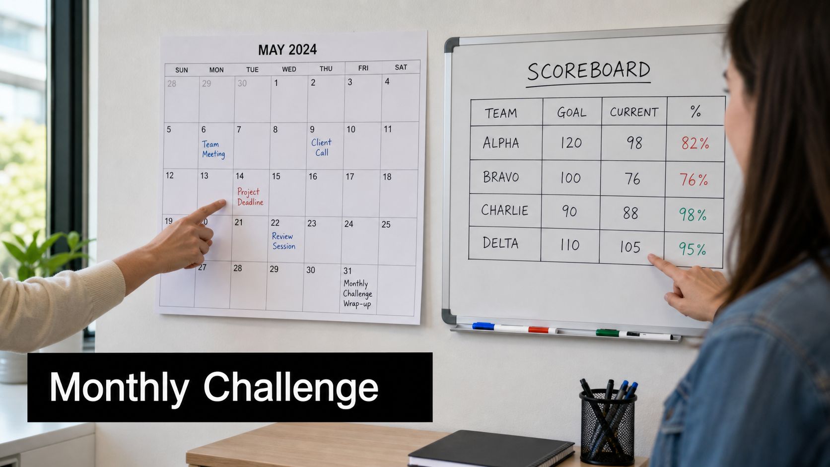 A professional setting where two people discuss a calendar and a team scoreboard on a wall.