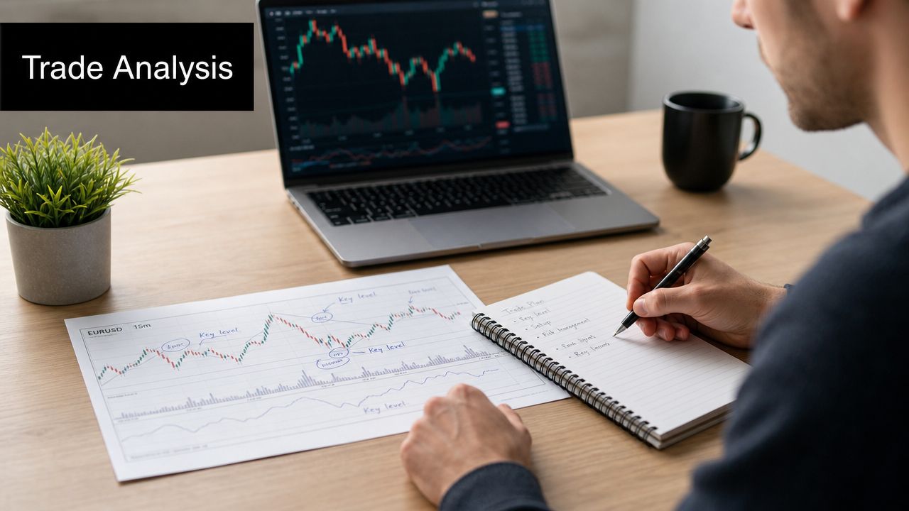 A professional trader analyzes financial charts on a laptop while taking notes in a notebook.